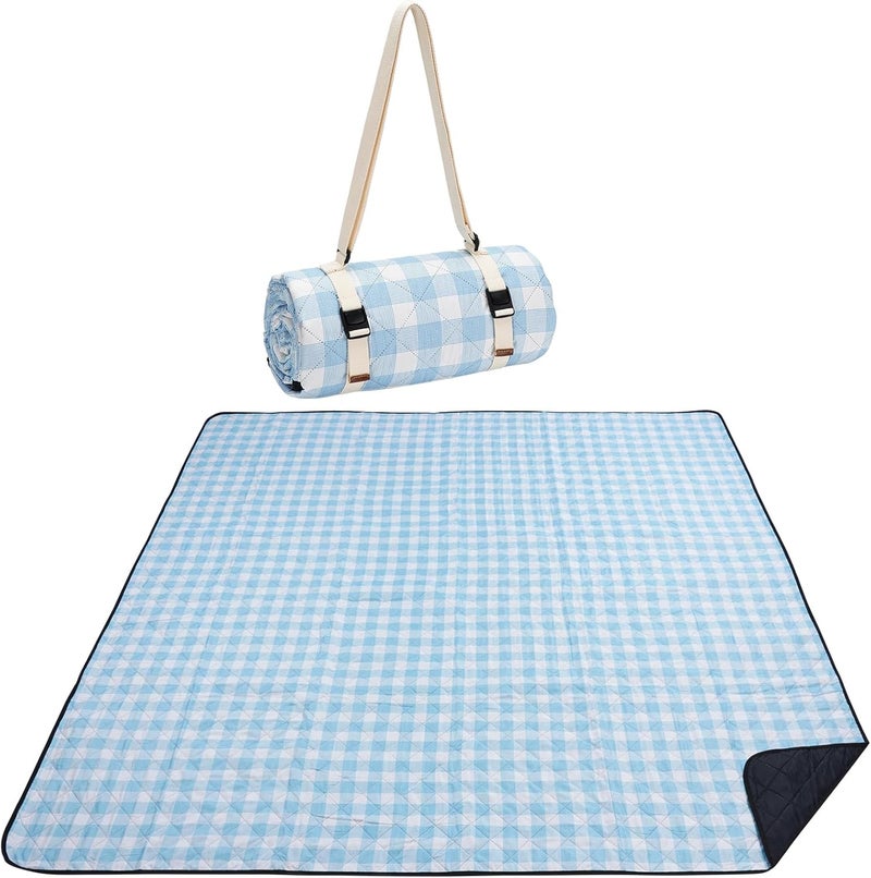 WILLOW WEAVE Picnic Blanket, 80''x80'' Waterproof Outdoor Blankets, Picnic Mat Washable for Beach, Picnic Blankets for Camping on Grass with Shoulder Strap - Blue & White - Image 1